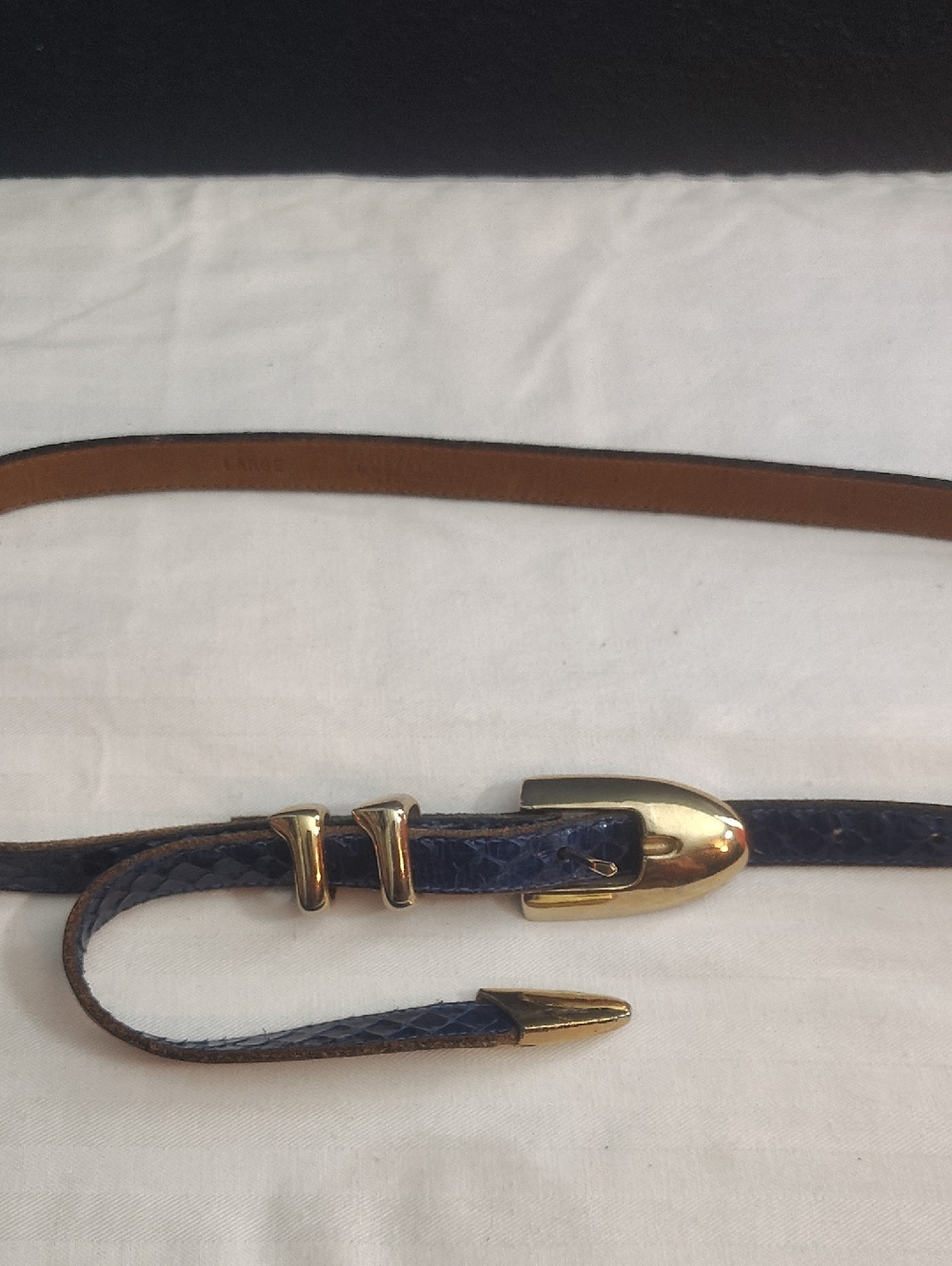 Apple Blue Vintage Snake-Embossed Leather Belt with Gold Buckle